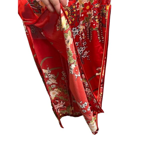 Asian Chinese Red Floral Dress S ? M? Mandarin Collar Short Slvs. Long Slits NWT - Picture 16 of 16